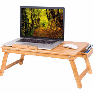 Bamboo Laptop Bed Tray (Natural) , With Foldable Legs, Storage Drawer, Adjustable Tilt Section and Removeable Stopper