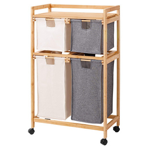 Laundry Basket 4 Section Shelf with Wheels Bamboo Laundry Sorter Cart hamper with storage bag for living room and bathroom