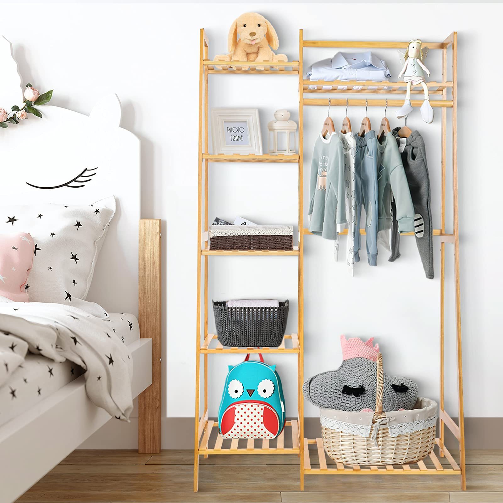 Bamboo Clothes Rack with 7 Tier Storage Shelves Clothing Hanging Stand for Small Spaces Children's Wardrobe Closet