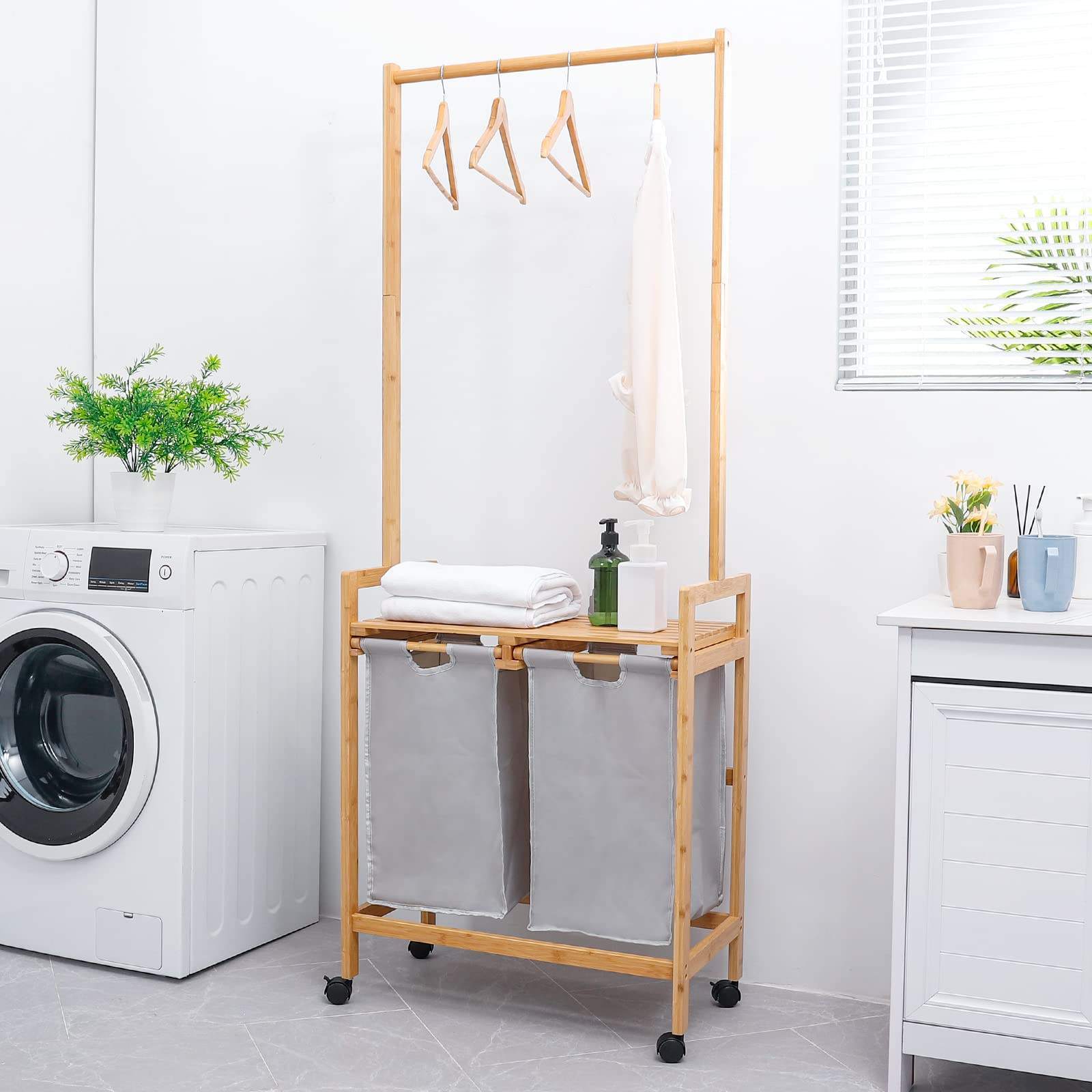 Bamboo 2 Section Laundry Hamper Laundry Sorter Cart Rolling Clothes Hanging Rod Basket with Wooden Rack shelf