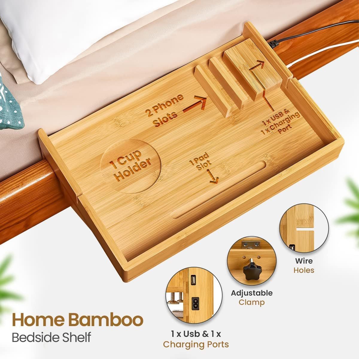 Bamboo Bedside Shelf for Bed Dorm Bed Shelf Removable Bedside Tray with USB Ports to Charge Devices Detachable Bunk Bed Shelf