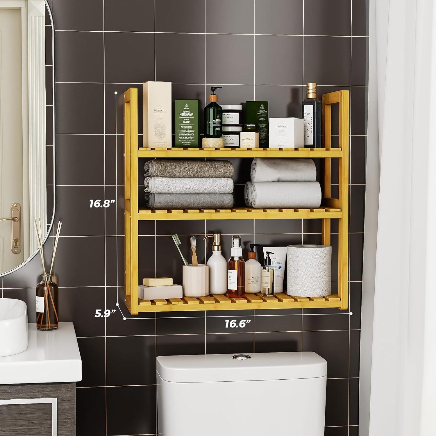 Bathroom Storage Shelves Organizer 3 Tiers Over The Toilet Storage Wall Mounted Floating Shelves with Hanging Rod