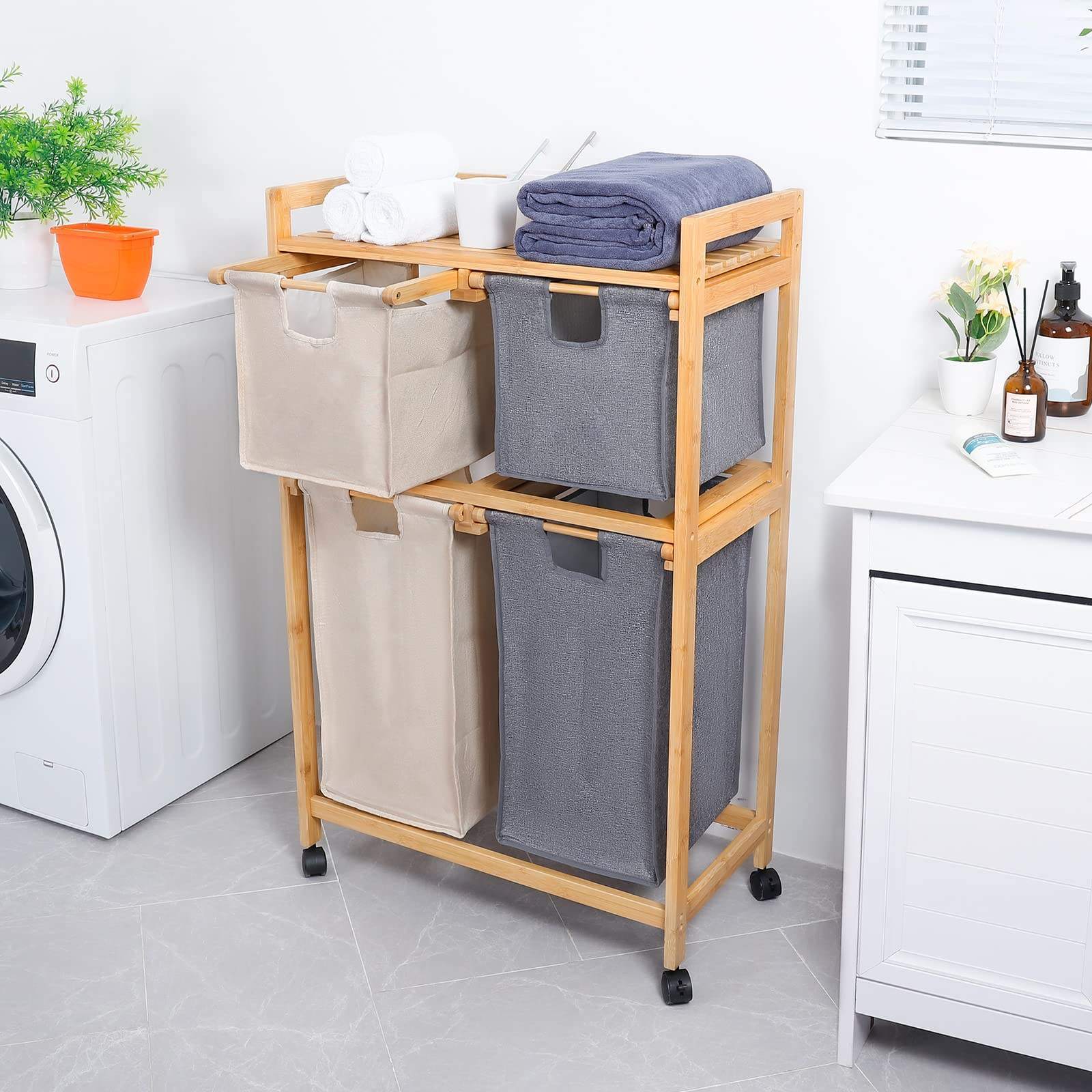 Laundry Basket 4 Section Shelf with Wheels Bamboo Laundry Sorter Cart hamper with storage bag for living room and bathroom