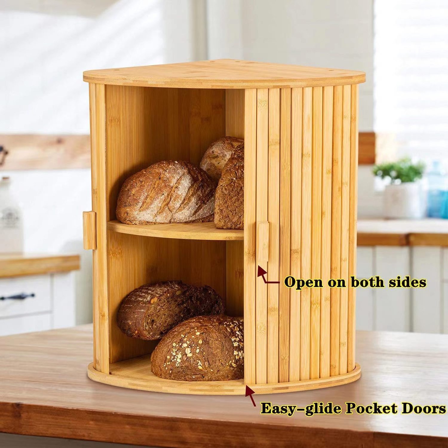 Bamboo Corner 2 tier bread box Kitchen Storage Rack Bread Bin box with Roll door