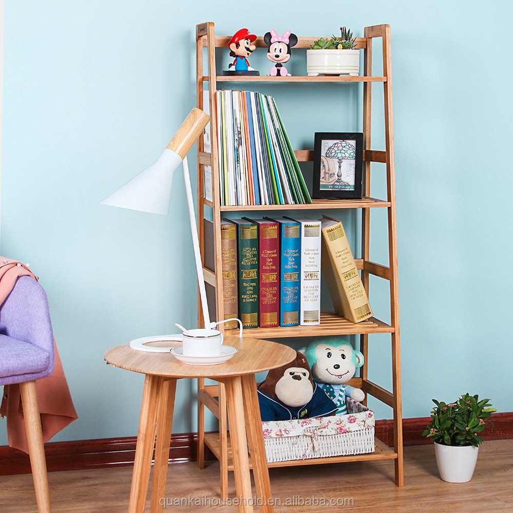 Natural Bamboo Ladder Shelf Bookcase 4 Shelf Multifunctional Storage Rack Display Stand