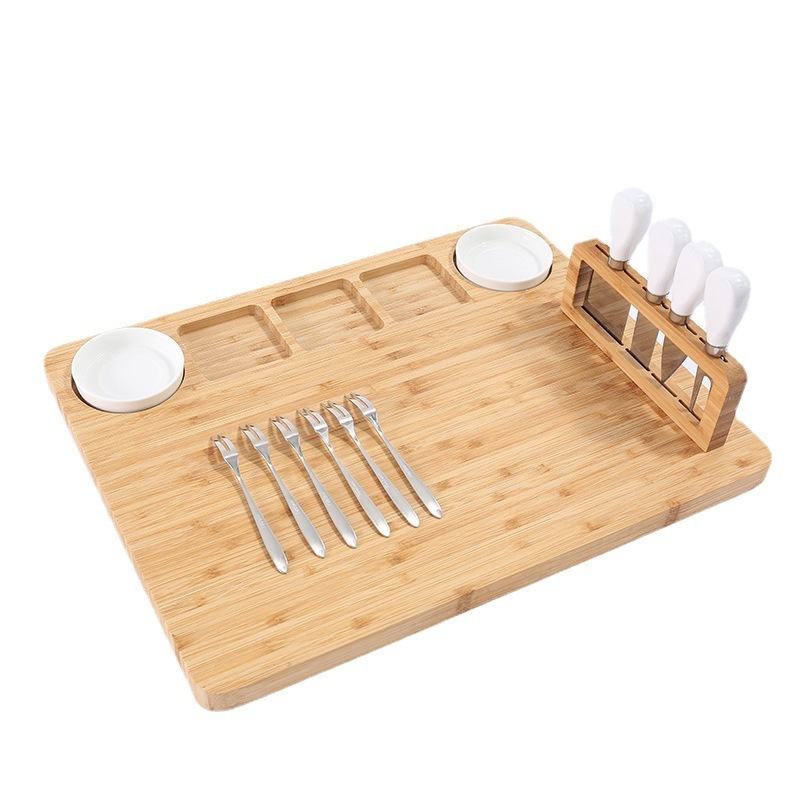 Bamboo Cheese Board and Knife Set Large Charcuterie Boards Set Magnetic Knife Holder with 2 Ceramic Dish Serving Tray for Party