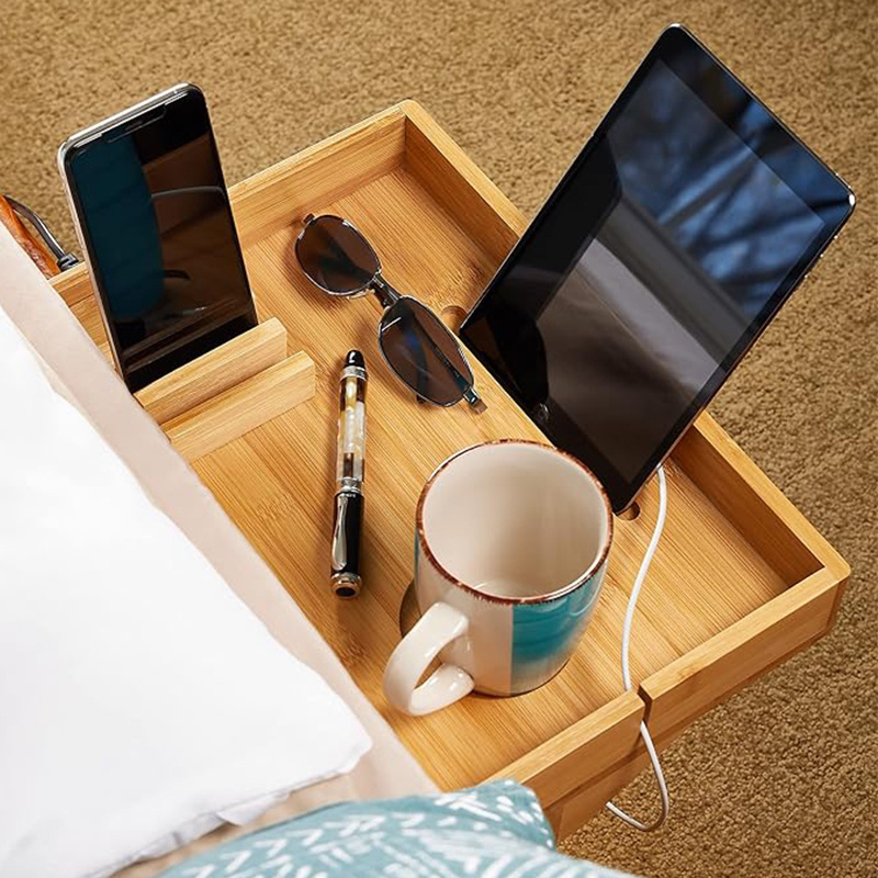 Bamboo Bedside Shelf for Bed Dorm Bed Shelf Removable Bedside Tray with USB Ports to Charge Devices Detachable Bunk Bed Shelf