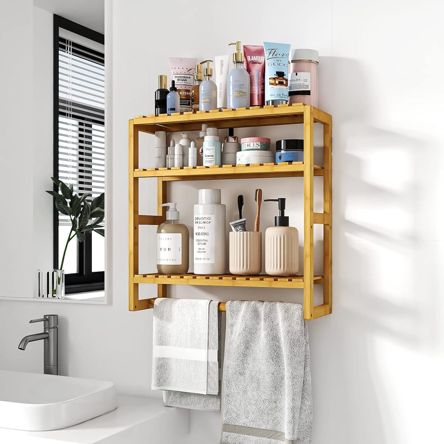 Bathroom Storage Shelves Organizer 3 Tiers Over The Toilet Storage Wall Mounted Floating Shelves with Hanging Rod