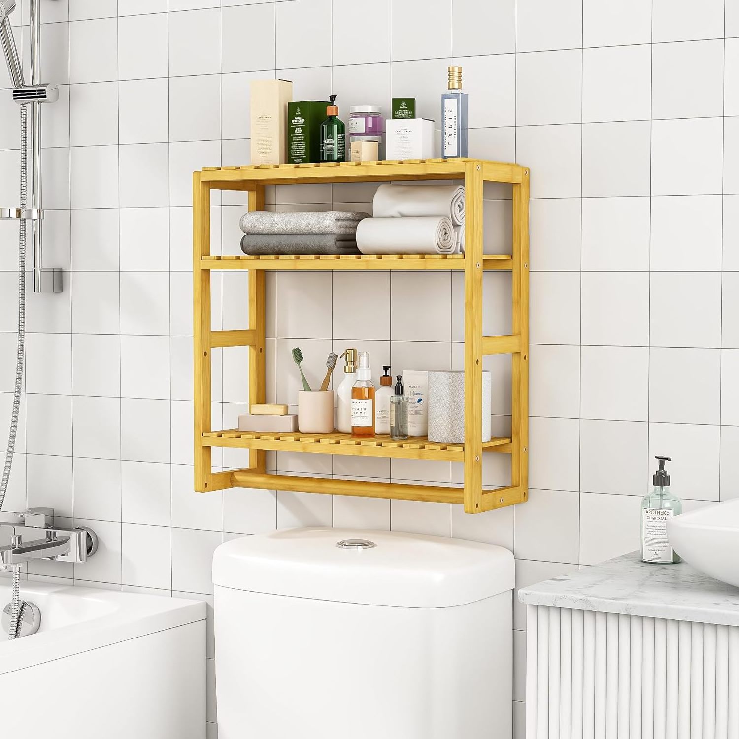 Bathroom Storage Shelves Organizer 3 Tiers Over The Toilet Storage Wall Mounted Floating Shelves with Hanging Rod