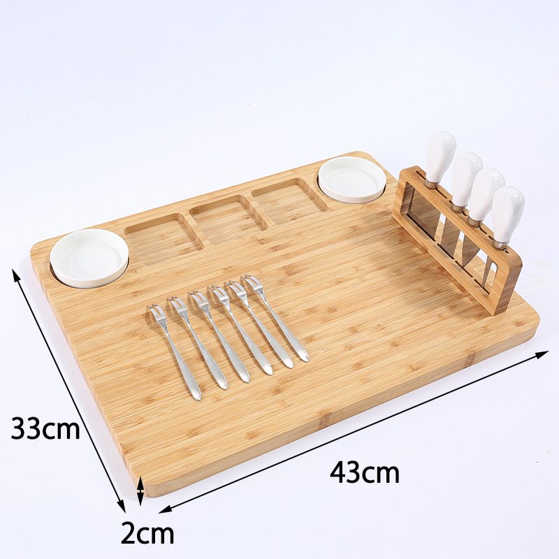 Bamboo Cheese Board and Knife Set Large Charcuterie Boards Set Magnetic Knife Holder with 2 Ceramic Dish Serving Tray for Party