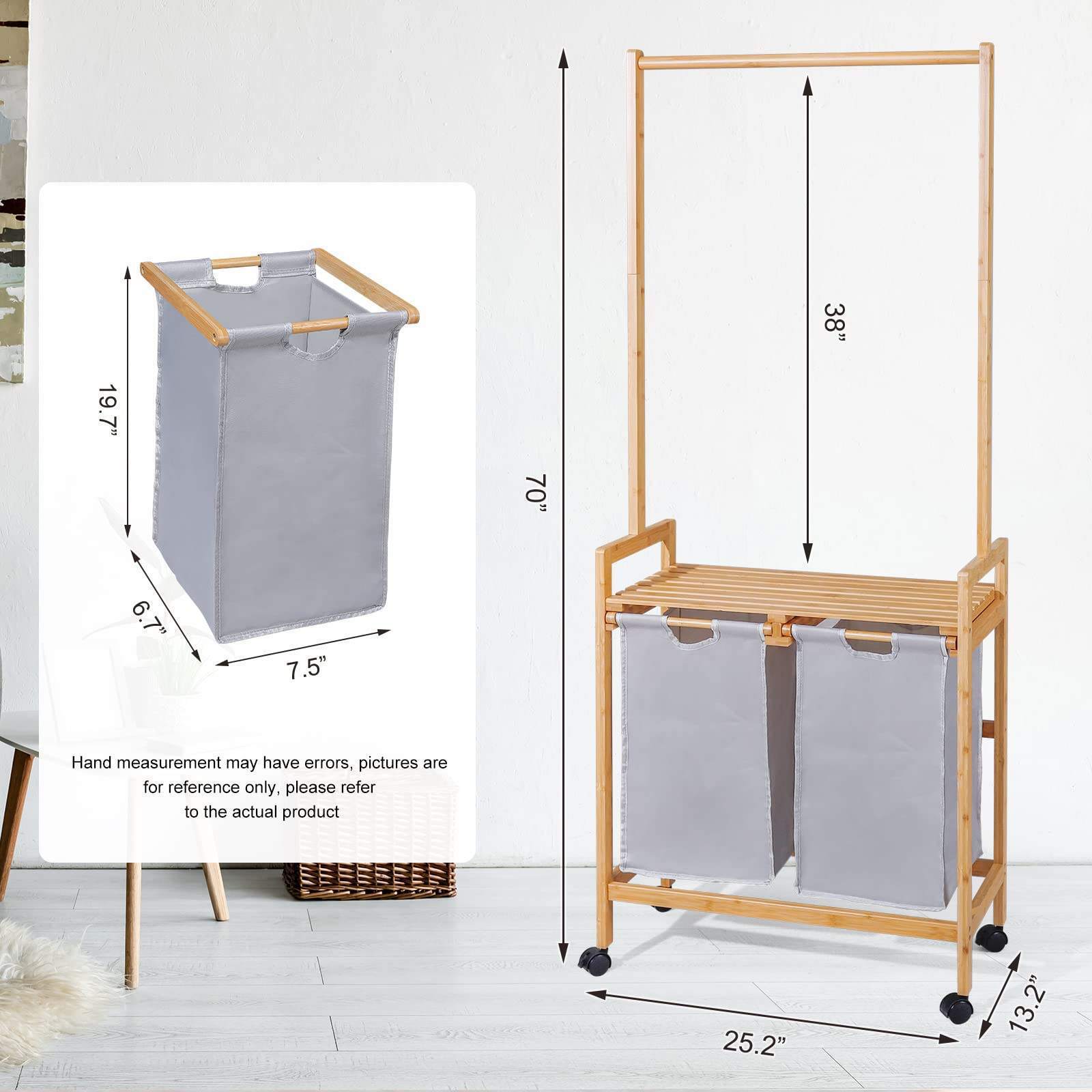 Bamboo 2 Section Laundry Hamper Laundry Sorter Cart Rolling Clothes Hanging Rod Basket with Wooden Rack shelf