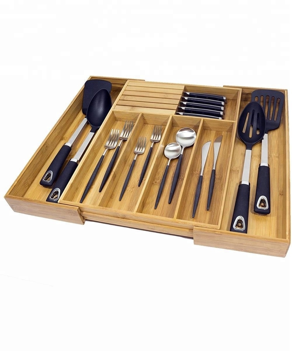 Expandable Bamboo Kitchen Drawer Organizer with Built-In Solid Bamboo Knife Block Adjustable Kitchen Utensil & Cutlery Tray