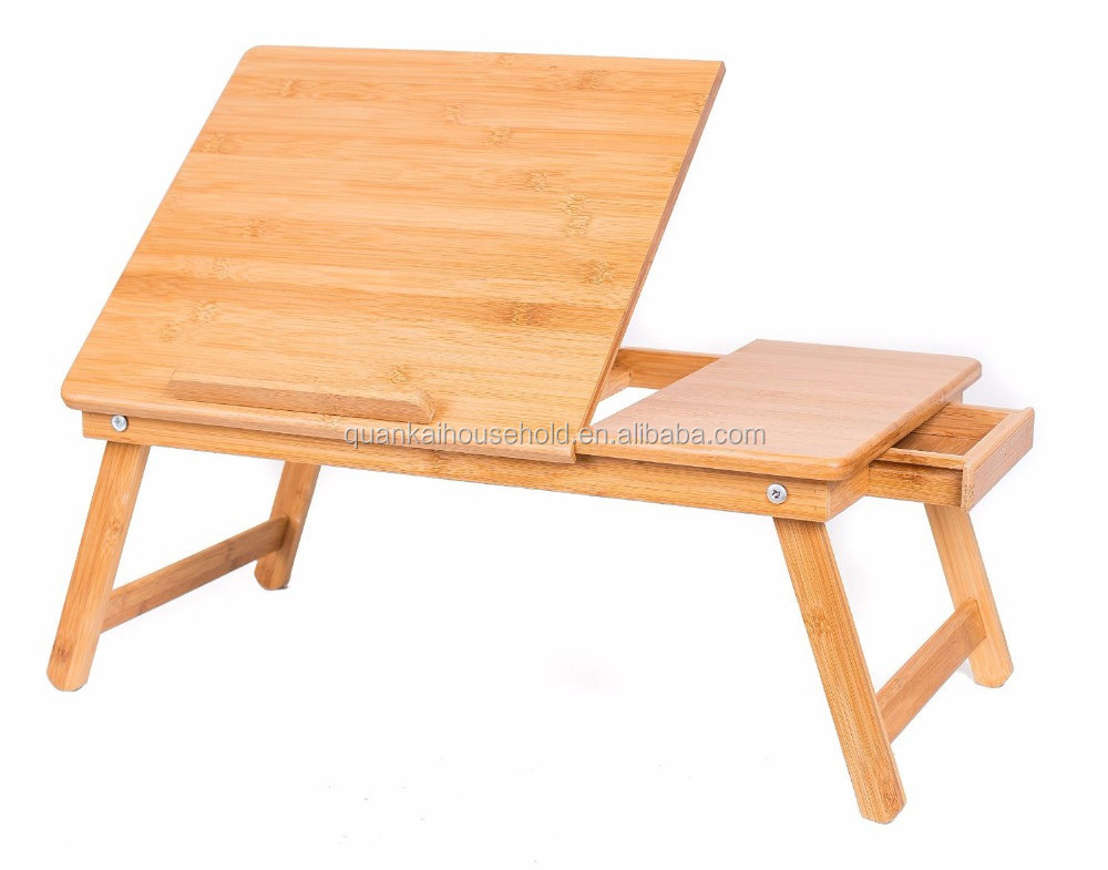 Bamboo Laptop Bed Tray (Natural) , With Foldable Legs, Storage Drawer, Adjustable Tilt Section and Removeable Stopper