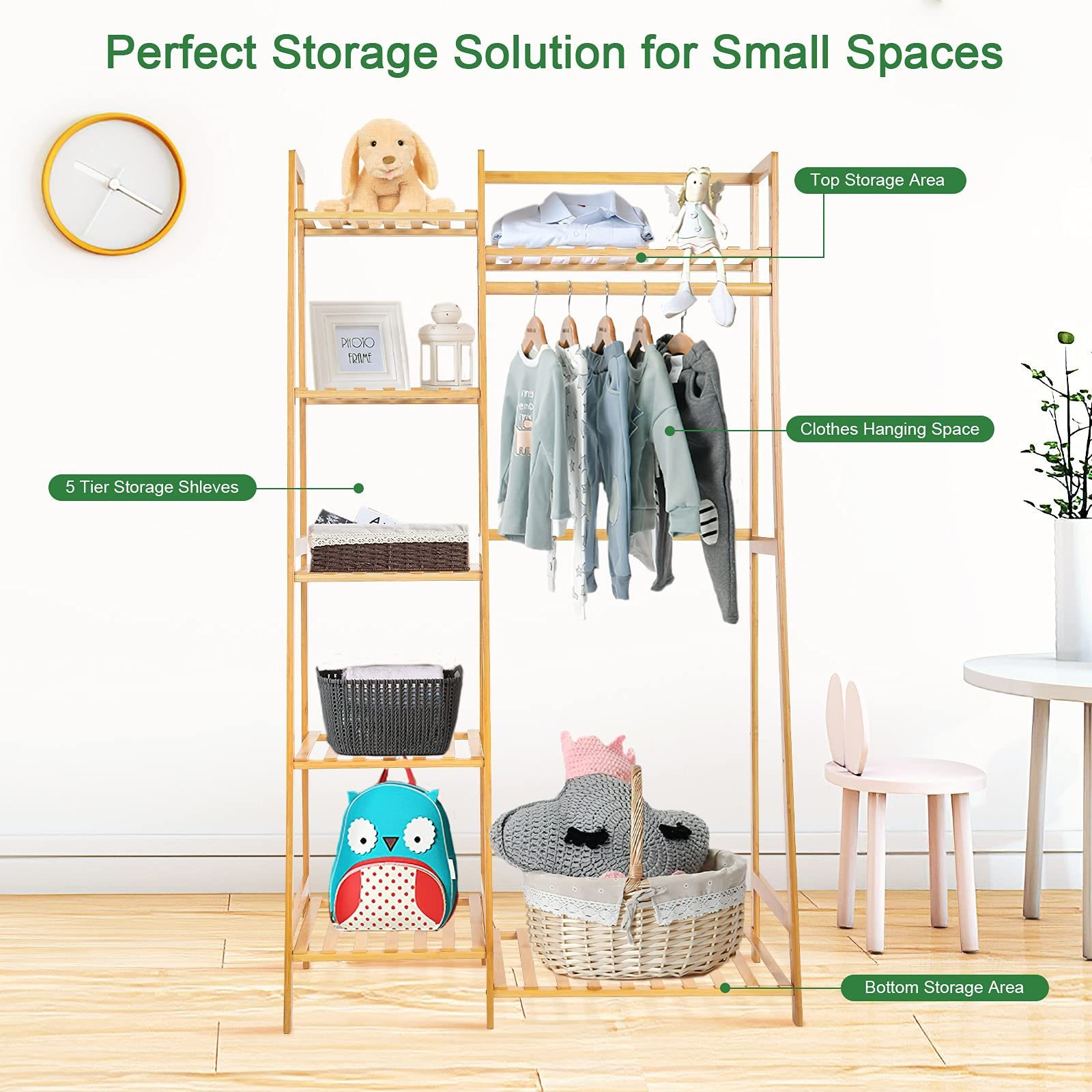 Bamboo Clothes Rack with 7 Tier Storage Shelves Clothing Hanging Stand for Small Spaces Children's Wardrobe Closet