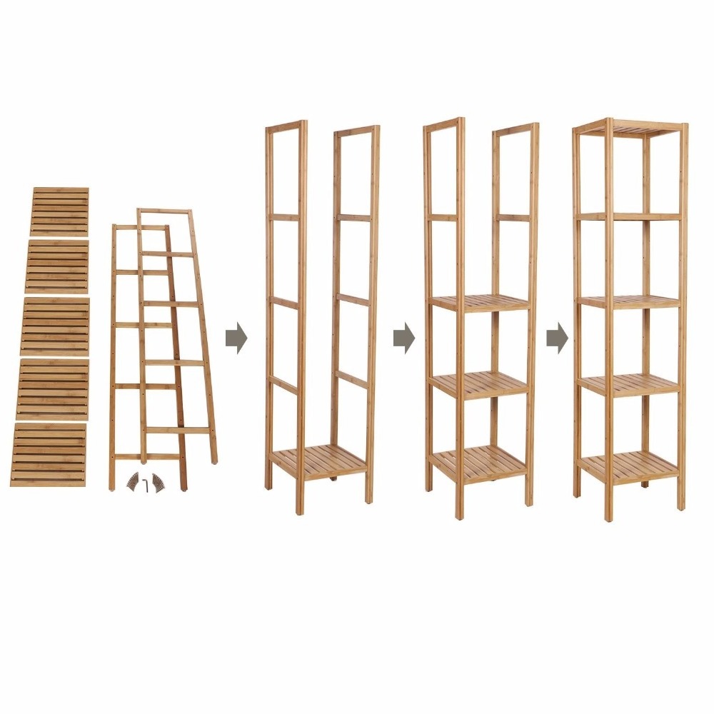 Natural Bamboo Shelf Wood 5 Tier Bathroom Shelf Unit Tower Bookshelf Multifunctional Storage Rack Display Shelving Unit