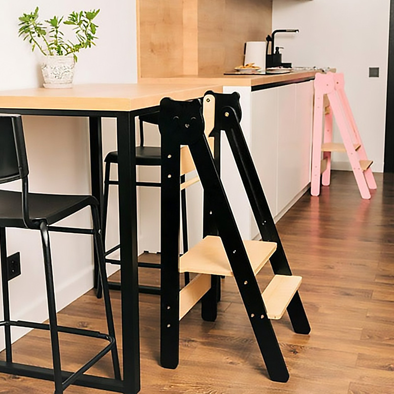 Wooden Fold Kitchen Stool Helper  Kids Toddler Learning Tower Step Stool Kitchen with Non-slip Mat Toddler Stool Standing Tower