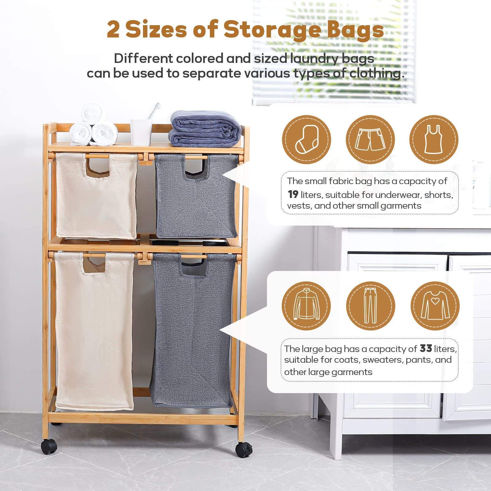 Laundry Basket 4 Section Shelf with Wheels Bamboo Laundry Sorter Cart hamper with storage bag for living room and bathroom