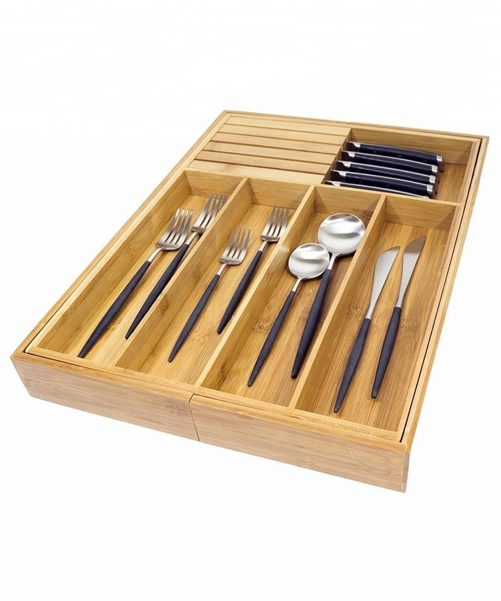 Expandable Bamboo Kitchen Drawer Organizer with Built-In Solid Bamboo Knife Block Adjustable Kitchen Utensil & Cutlery Tray