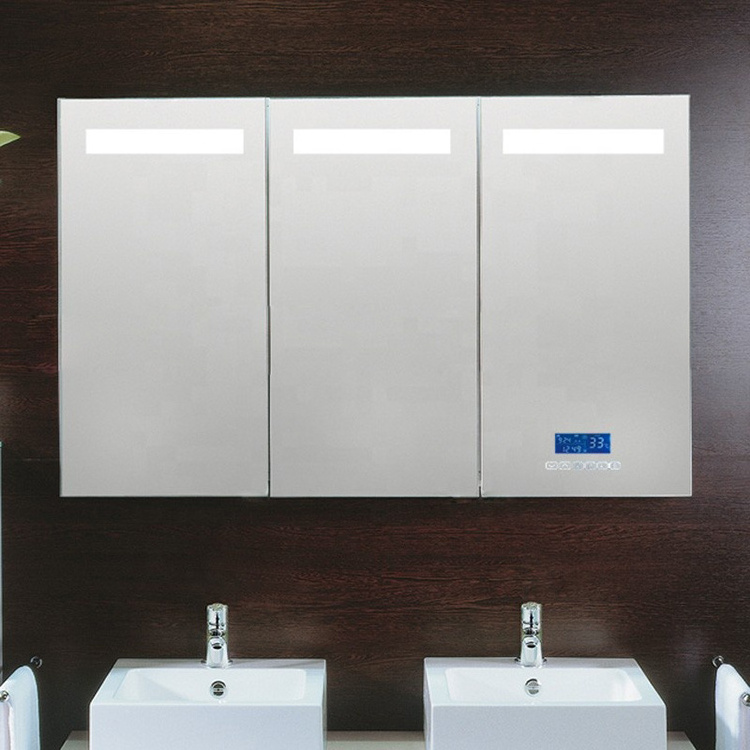 Touch sensor switch smart led bathroom medicine mirror cabinet with LCD clock temperature