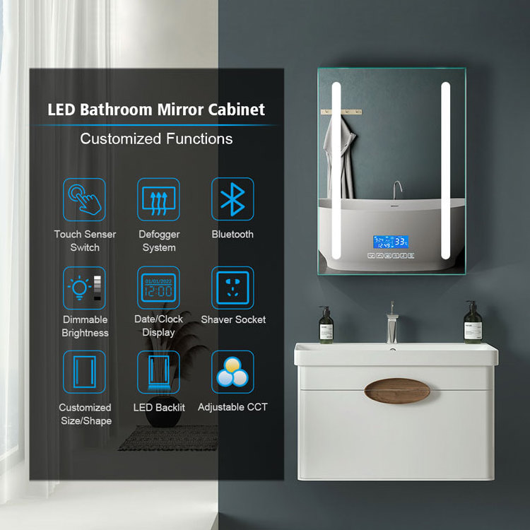 Touch sensor switch aluminum led light smart bathroom medicine mirror cabinet with Bluetooth speaker system