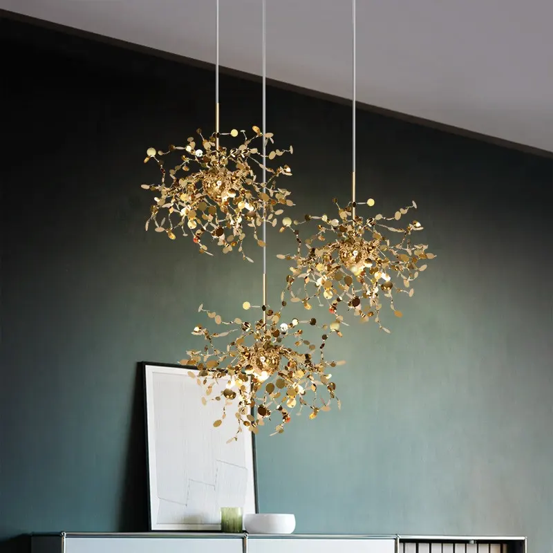 Contemporary interior luxury lighting chandelier Stainless steel lamp body with leaf combination