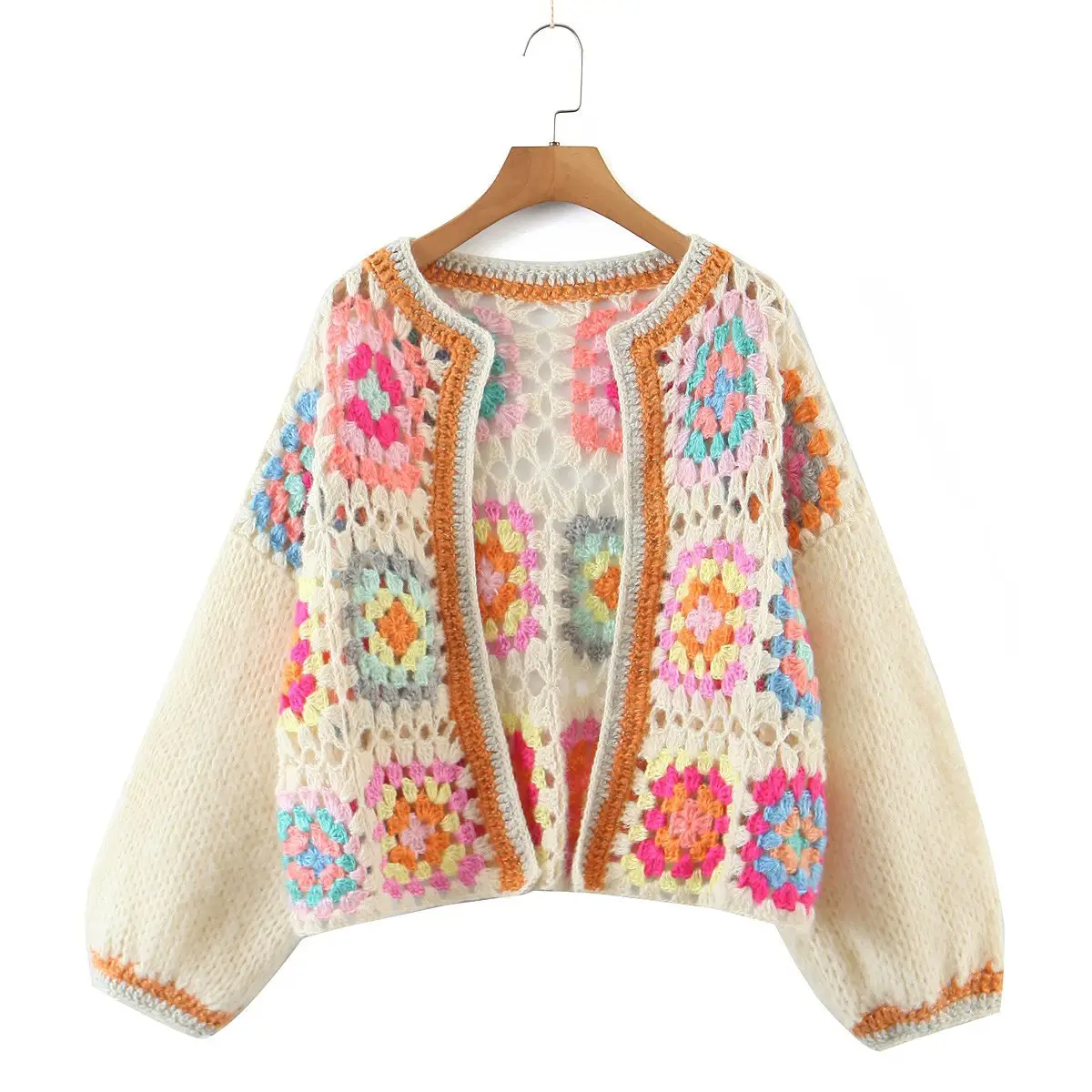 Best selling Cardigan knitted sweater women tops Square Hand Crochet Plaid Pattern knitted jacket