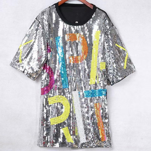 Summer Jersey Football Shirt Glitter Casual Mini Dress Above Knee Ladies overSize Design Women's Sequin T Shirt Dress