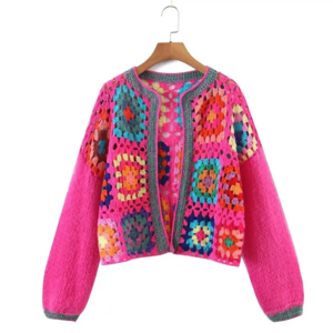 Best selling Cardigan knitted sweater women tops Square Hand Crochet Plaid Pattern knitted jacket