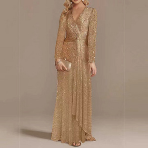 Custom OEM designer Wholesale women's elegant long sleeve casual sequin floor-length evening dress for women