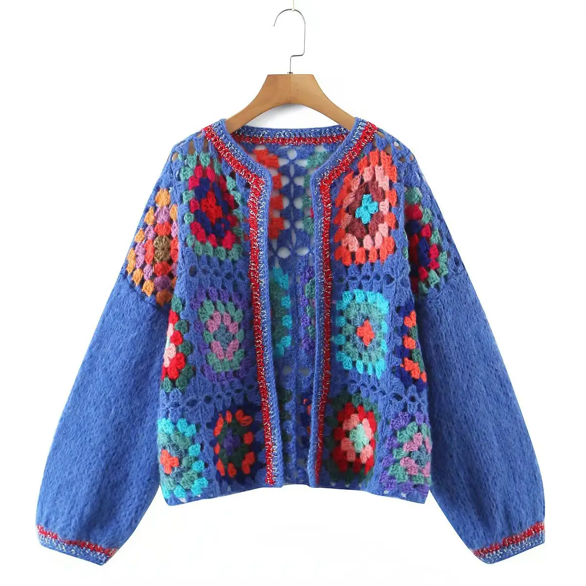 Best selling Cardigan knitted sweater women tops Square Hand Crochet Plaid Pattern knitted jacket