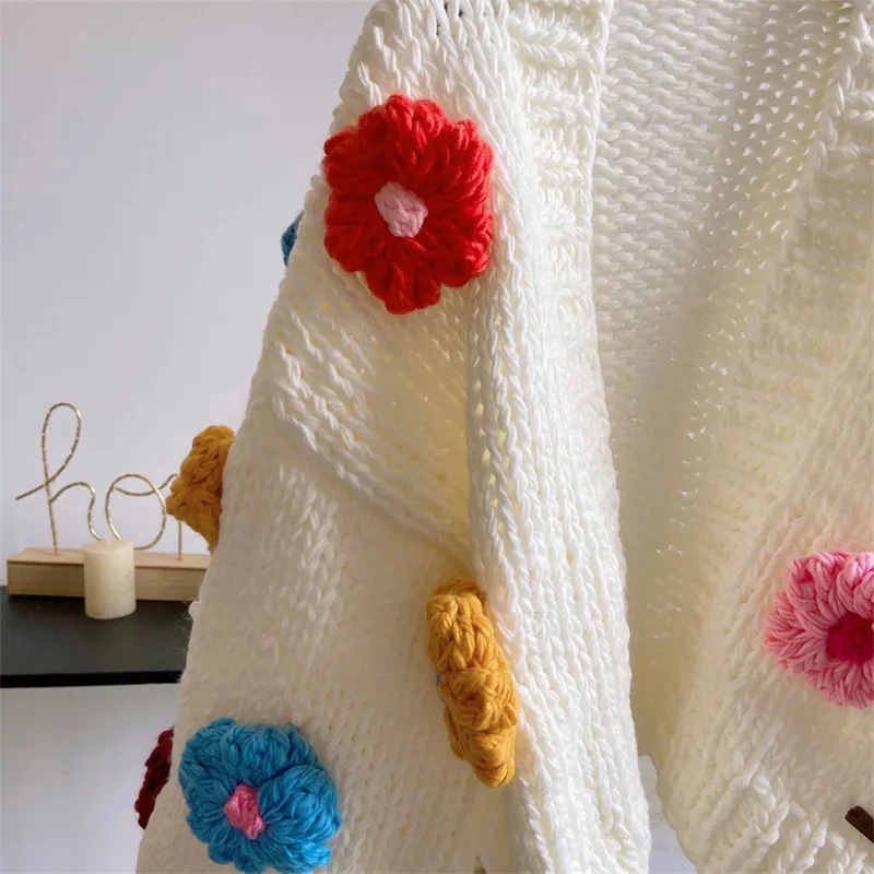 Romantic Beauty colorful  women tops Cardigan knitted flower sweater Square Hand Crochet Plaid Pattern knitted jacket