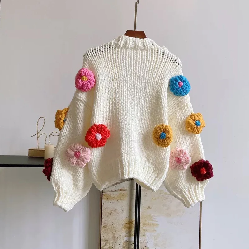 Romantic Beauty colorful  women tops Cardigan knitted flower sweater Square Hand Crochet Plaid Pattern knitted jacket