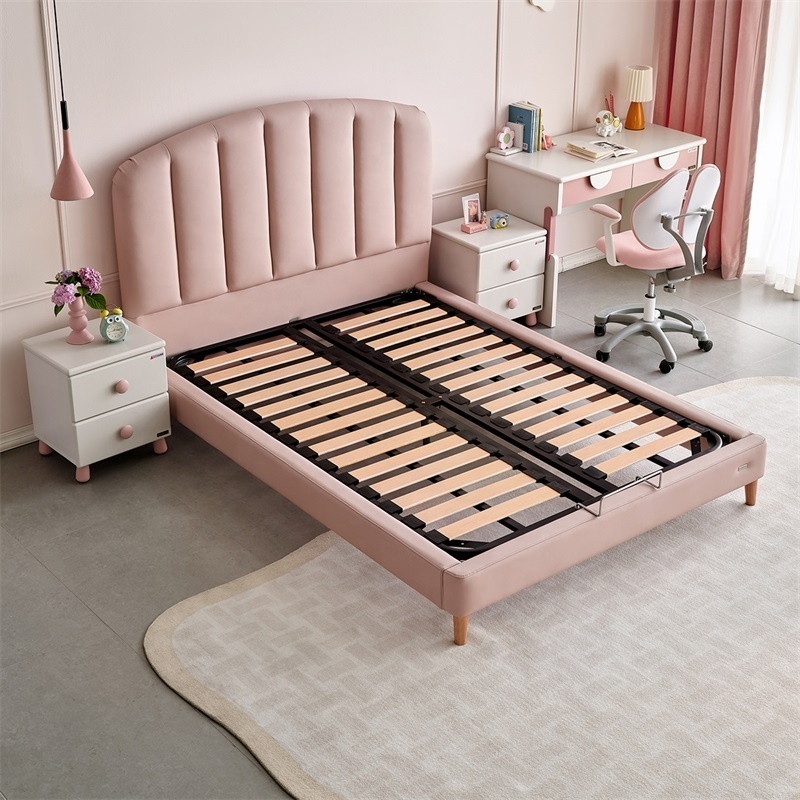 116031 Quanu wholesale pink color cute modern design single kids beds for girls bedroom furniture wood bed frame