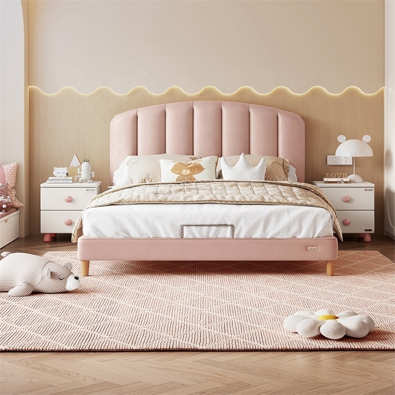 116031 Quanu wholesale pink color cute modern design single kids beds for girls bedroom furniture wood bed frame