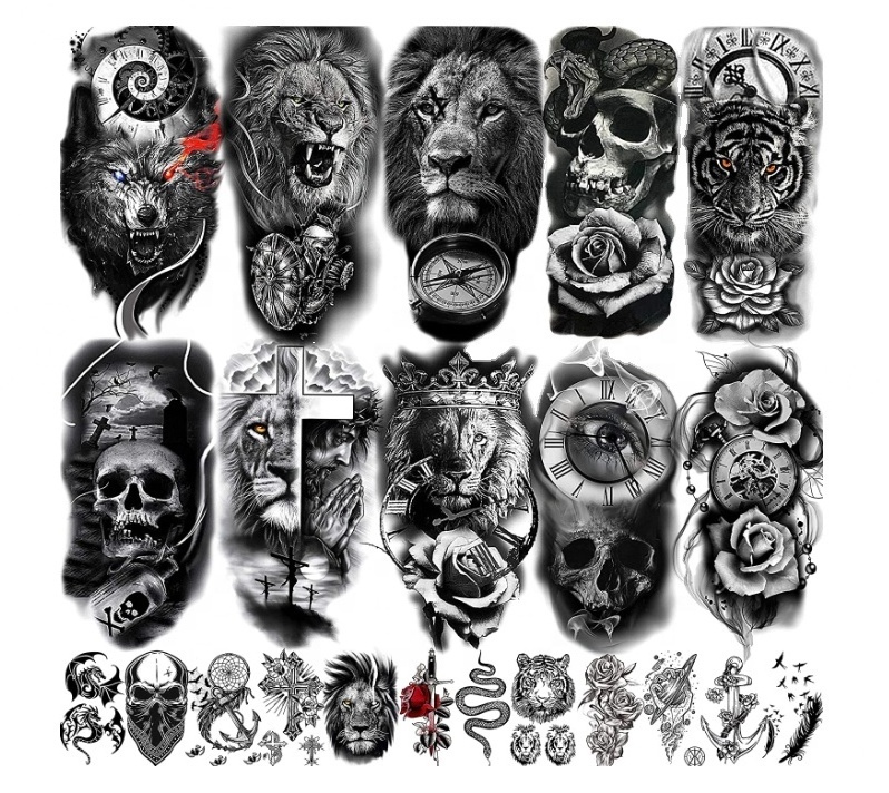 22 Sheets 3D Forearm Half Sleeve Temporary Tattoos For Men Women Adults, Large Tribal Lion Warrior Tiger Wolf Flower Skull