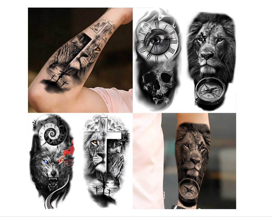 22 Sheets 3D Forearm Half Sleeve Temporary Tattoos For Men Women Adults, Large Tribal Lion Warrior Tiger Wolf Flower Skull