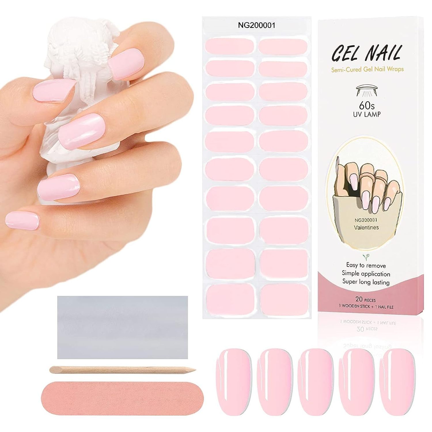 20PCS Semi Cured Gel Nail Polish Strips Light Pink Adhesive Full Wrap Gel Nail Art Sticker Waterproof Gel Nail