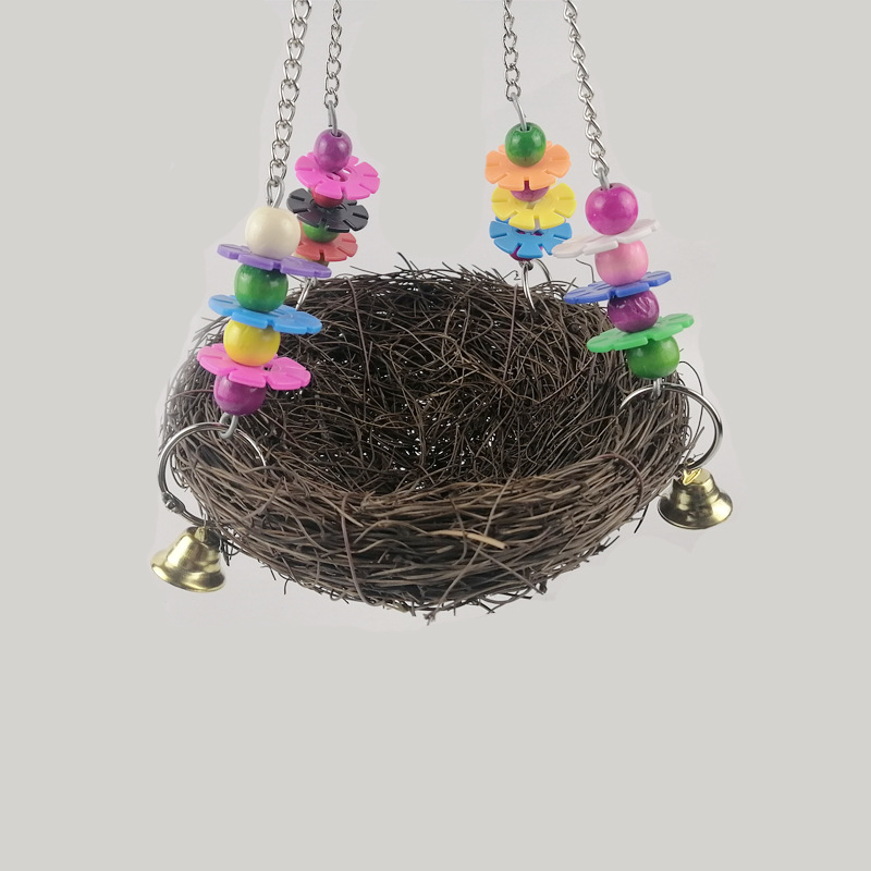 High Quality Rattan Weaving Parrot Cage  Rattan Nest Nibble Swing Stand Hanging Basket Cage Bird Toys with Bells