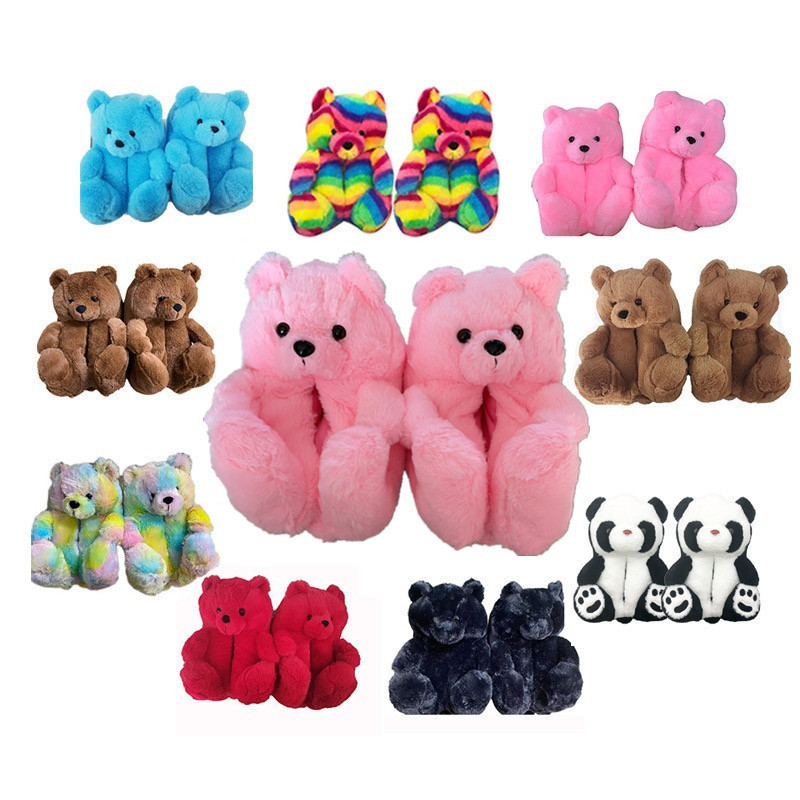 Custom pink tedy teddy bear house shoes slides adult white plush kids teddy bear slippers for women girls one size fits all