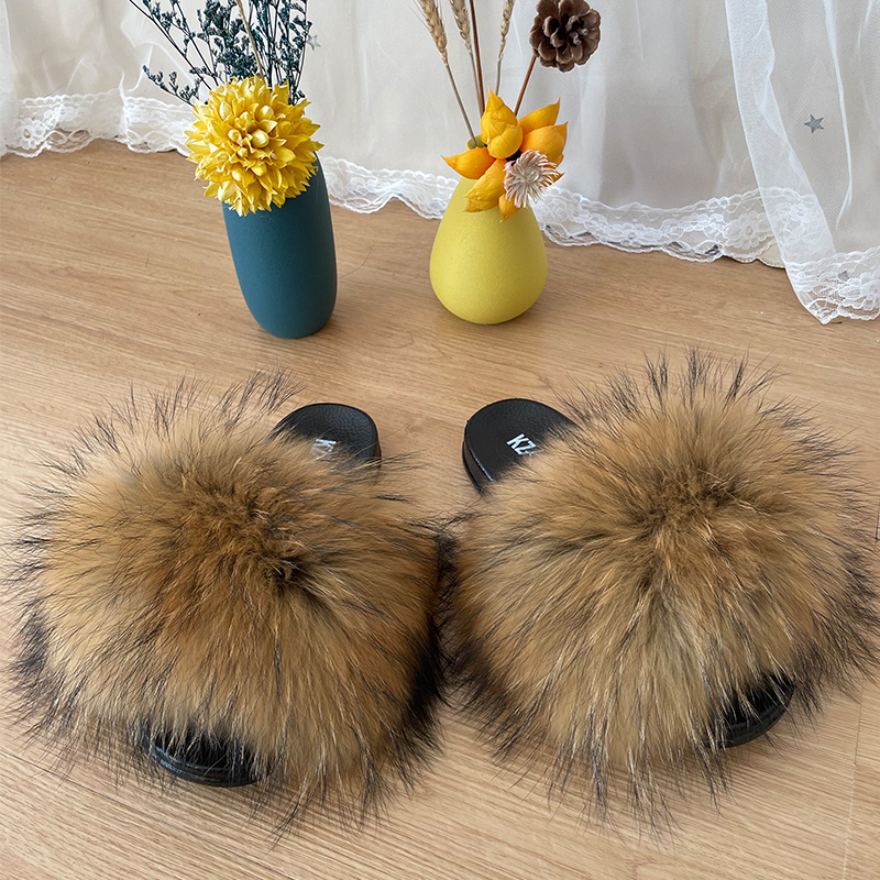 Custom Wholesale Vendor Luxury Big Full Fluffy Real Faux Fox Furry Fur Slide Indoor Kids Womens Sandals Racoon Fur Slippers