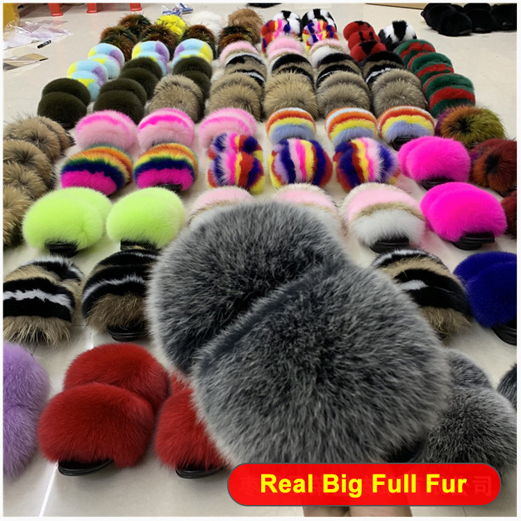 Custom Wholesale Vendor Luxury Big Full Fluffy Real Faux Fox Furry Fur Slide Indoor Kids Womens Sandals Racoon Fur Slippers