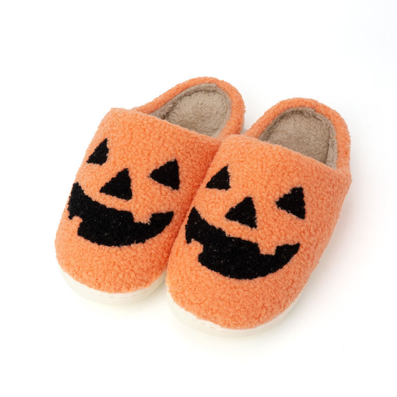 Halloween Smile Face Ladies Fuzzy Happy Slides Warm Furry Home House Cute Pantoufle Jack O Lantern Pumpkin Slippers