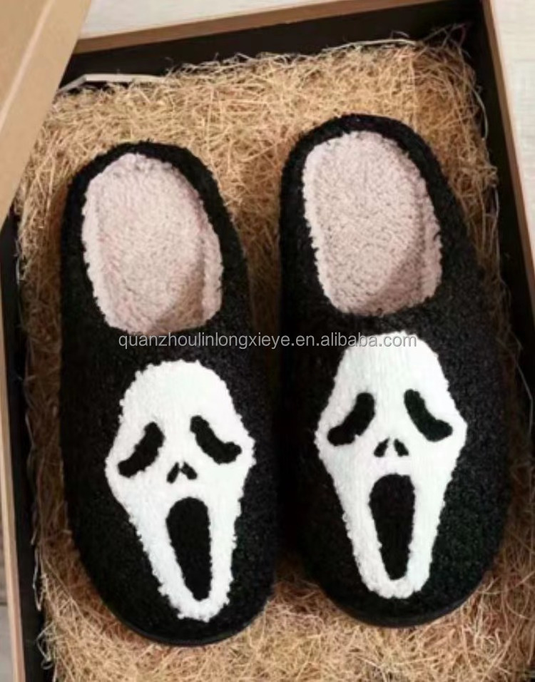 Halloween Smile Face Ladies Fuzzy Happy Slides Warm Furry Home House Cute Pantoufle Jack O Lantern Pumpkin Slippers