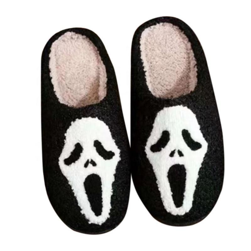 Halloween Smile Face Ladies Fuzzy Happy Slides Warm Furry Home House Cute Pantoufle Jack O Lantern Pumpkin Slippers