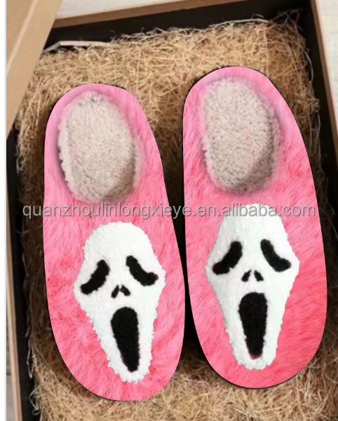 Halloween Smile Face Ladies Fuzzy Happy Slides Warm Furry Home House Cute Pantoufle Jack O Lantern Pumpkin Slippers