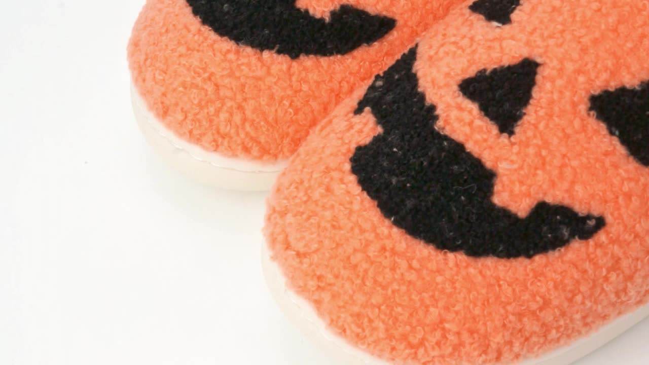 Halloween Smile Face Ladies Fuzzy Happy Slides Warm Furry Home House Cute Pantoufle Jack O Lantern Pumpkin Slippers