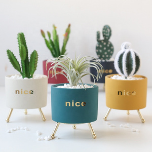 Wholesale Round Succulent Planter Ceramic Pots with Metal Stand,Succulent Garden Plants Pot Mini Plant Pot with Stand