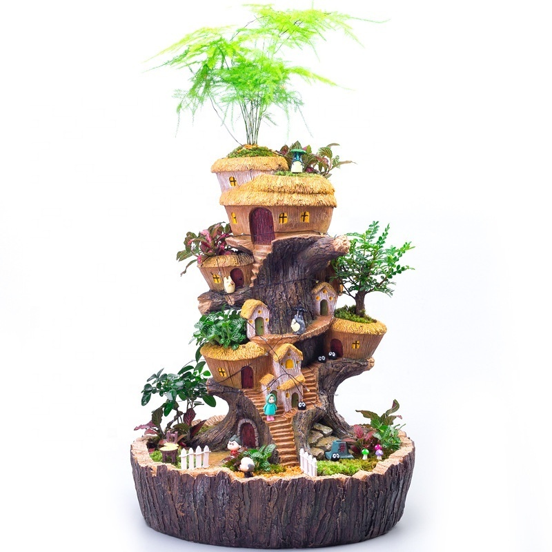 Micro Landscape Succulent Plant Flower Pot Creative Personality Magical Tree House Succulent Flower Pot With Solar Light