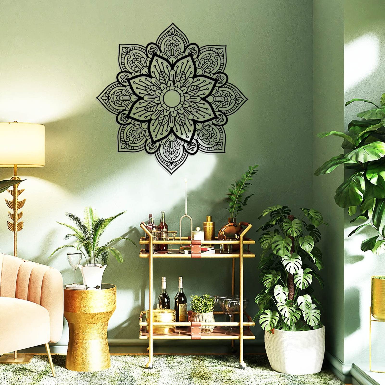 Large Black Metal round Mandala Wall Art Unique Lotus Flower Decor for Living Room Bedroom Bathroom Corridor Home Office