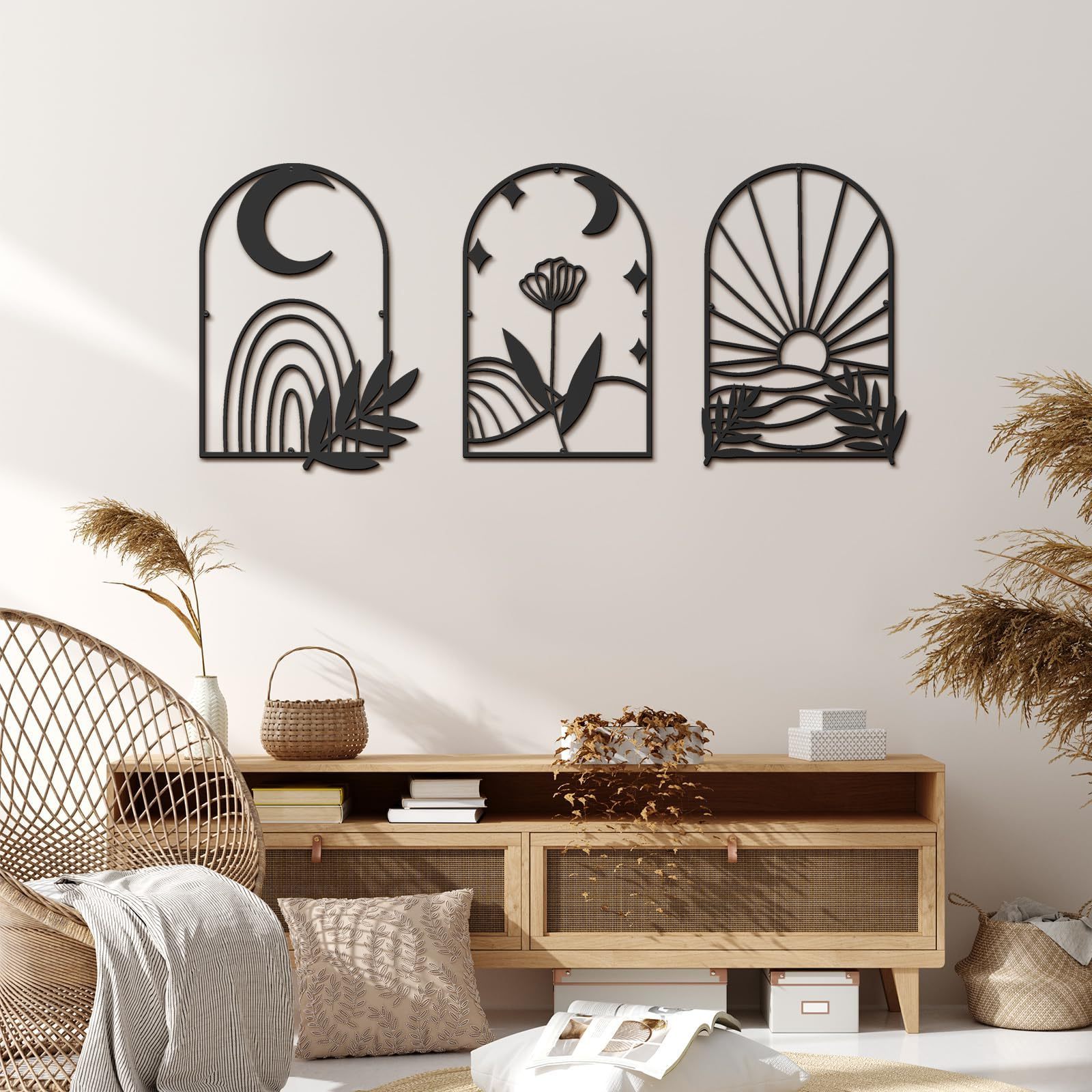 Black Metal Line Art Minimalist Abstract Boho Geometric Sun Moon Flower Wall Decor for Bedroom Living Room above Bed Bathroom